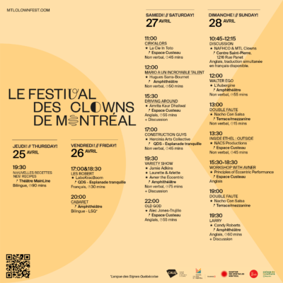 an image with text outlining the schedule for the 2024 Montreal Clown Festival