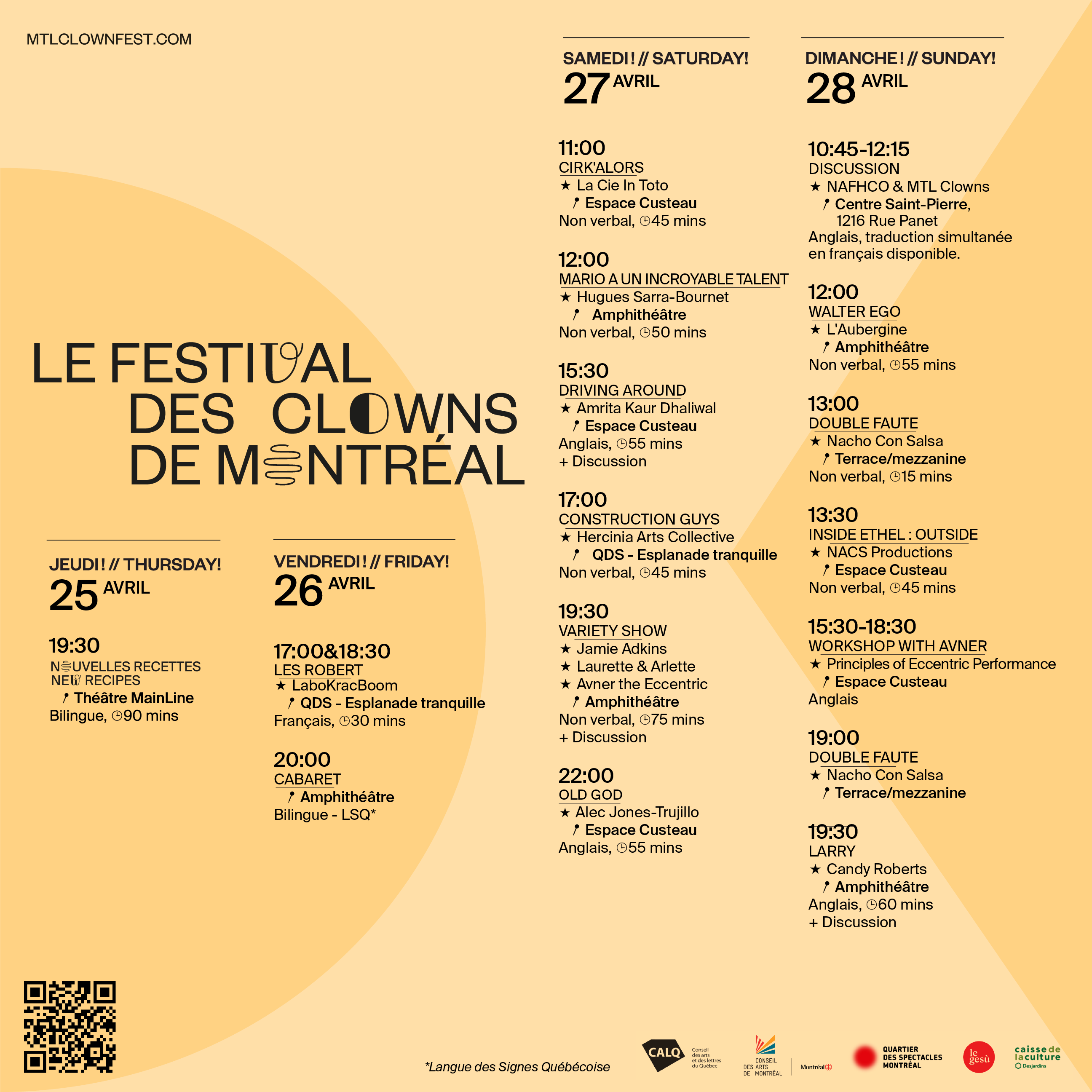 an image with text outlining the schedule for the 2024 Montreal Clown Festival